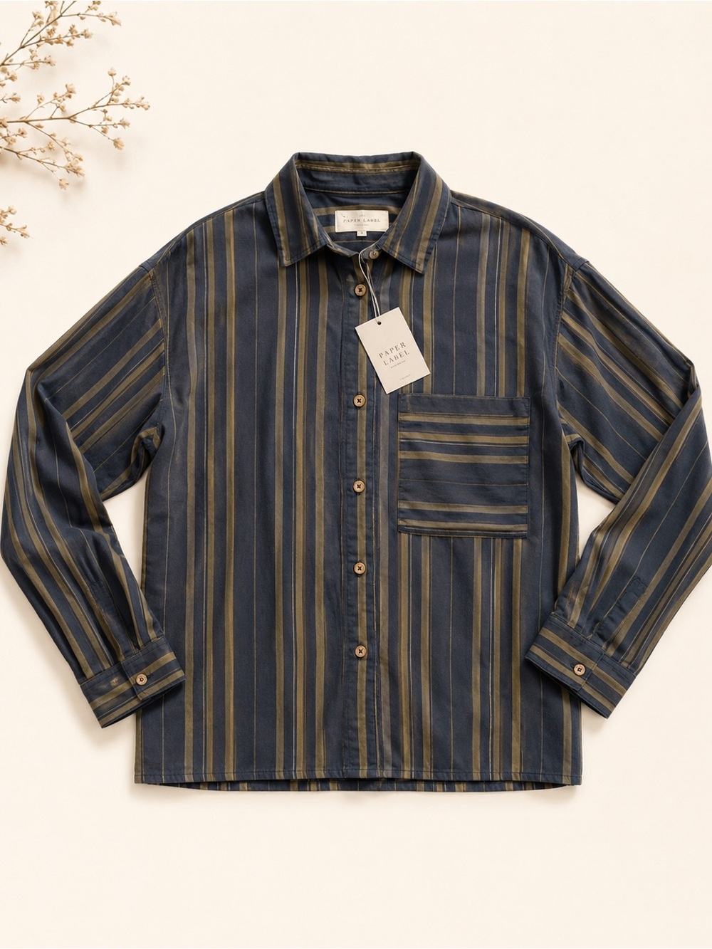 Striped Navy and Olive Button-Down Shirt